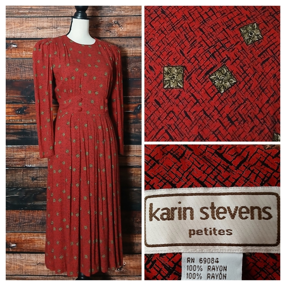 Karin Stevens Vintage Midi Dress 10 Petite Red Geometric Rayon Pleated Zip Back